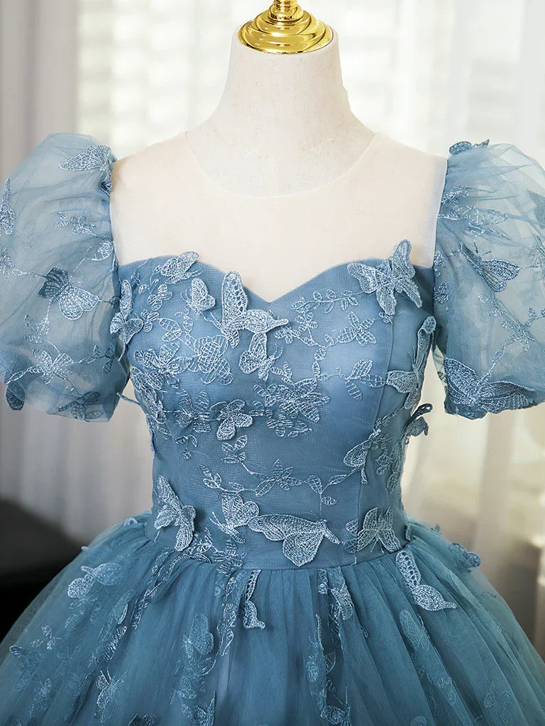 Evening Dress under $180||Fairytale?? A-Line Puff Sleeves Tulle Lace Gray BlueSweet Long Prom Dress for Birthday HZ1024