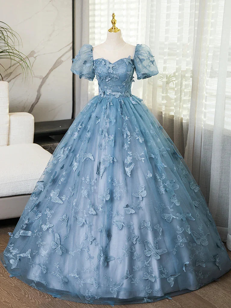 Evening Dress under $180||Fairytale?? A-Line Puff Sleeves Tulle Lace Gray BlueSweet Long Prom Dress for Birthday HZ1024