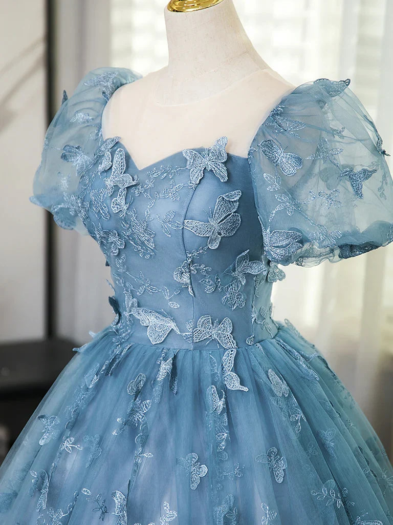 Evening Dress under $180||Fairytale?? A-Line Puff Sleeves Tulle Lace Gray BlueSweet Long Prom Dress for Birthday HZ1024