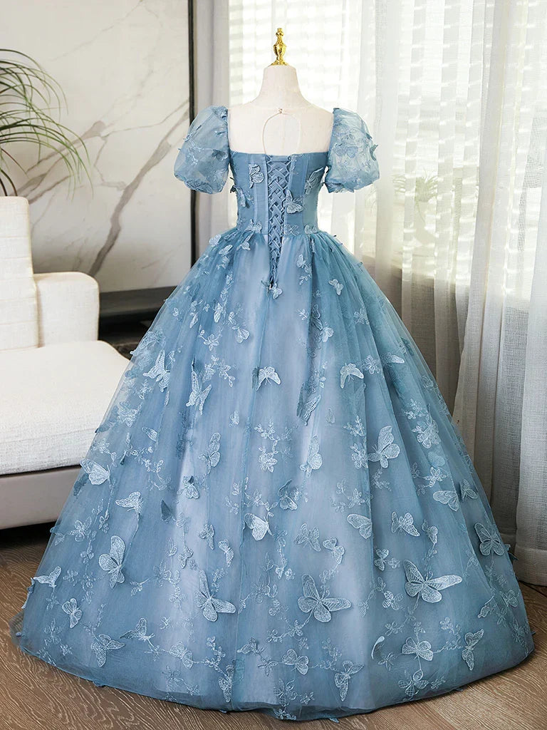 Evening Dress under $180||Fairytale?? A-Line Puff Sleeves Tulle Lace Gray BlueSweet Long Prom Dress for Birthday HZ1024