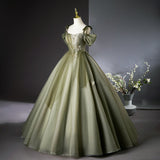A-line tulle long prom dress, green bridesmaid dress HZ1024