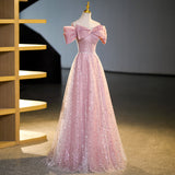 A-line off-shoulder tulle sequin long prom dress, pink evening dress HZ1024