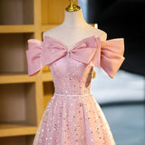 A-line off-shoulder tulle sequin long prom dress, pink evening dress HZ1024