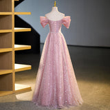 A-line off-shoulder tulle sequin long prom dress, pink evening dress HZ1024