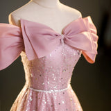 A-line off-shoulder tulle sequin long prom dress, pink evening dress HZ1024
