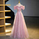 A-line off-shoulder tulle sequin long prom dress, pink evening dress HZ1024