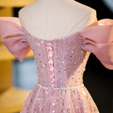 A-line off-shoulder tulle sequin long prom dress, pink evening dress HZ1024