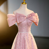 A-line off-shoulder tulle sequin long prom dress, pink evening dress HZ1024