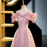 A-line off-shoulder tulle sequin long prom dress, pink evening dress HZ1024