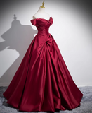 A-line off-the-shoulder satin long prom dress, burgundy formal dress HZ1024