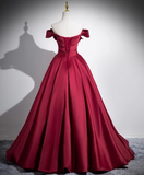 A-line off-the-shoulder satin long prom dress, burgundy formal dress HZ1024