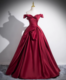A-line off-the-shoulder satin long prom dress, burgundy formal dress HZ1024
