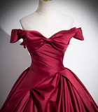 A-line off-the-shoulder satin long prom dress, burgundy formal dress HZ1024