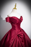 A-line off-the-shoulder satin long prom dress, burgundy formal dress HZ1024