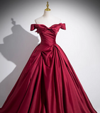 A-line off-the-shoulder satin long prom dress, burgundy formal dress HZ1024