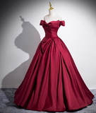 A-line off-the-shoulder satin long prom dress, burgundy formal dress HZ1024