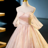 pink sweetheart neckline tulle sequin long prom dress, pink evening dress HZ1024