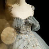 A-line tulle sequined long ball dress, green evening dress HZ1024
