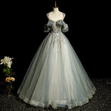 A-line tulle sequined long ball dress, green evening dress HZ1024