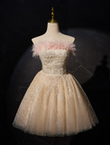 A-line tulle sequin short prom dress, champagne sweet 16 dress HZ1024