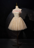 A-line tulle sequin short prom dress, champagne sweet 16 dress HZ1024