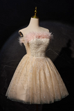 A-line tulle sequin short prom dress, champagne sweet 16 dress HZ1024