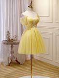 A-line tulle lace short prom dress, yellow homecoming dress HZ1024