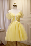A-line tulle lace short prom dress, yellow homecoming dress HZ1024