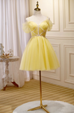 A-line tulle lace short prom dress, yellow homecoming dress HZ1024