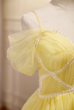 A-line tulle lace short prom dress, yellow homecoming dress HZ1024