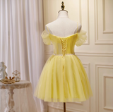A-line tulle lace short prom dress, yellow homecoming dress HZ1024