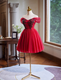 A-line tulle short prom dress, red bridesmaid dress HZ1024