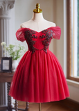 A-line tulle short prom dress, red bridesmaid dress HZ1024