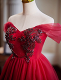 A-line tulle short prom dress, red bridesmaid dress HZ1024