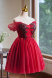 A-line tulle short prom dress, red bridesmaid dress HZ1024