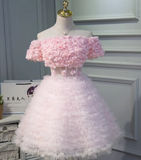 A-line off-the-shoulder tulle short prom dress, pink bridesmaid dress HZ1024