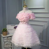 A-line off-the-shoulder tulle short prom dress, pink bridesmaid dress HZ1024