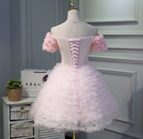 A-line off-the-shoulder tulle short prom dress, pink bridesmaid dress HZ1024