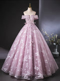 Off Shoulder Tulle Lace Pink Long Prom Dress, Pink Long Formal Dress HZ1024