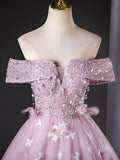 Off Shoulder Tulle Lace Pink Long Prom Dress, Pink Long Formal Dress HZ1024