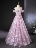 Off Shoulder Tulle Lace Pink Long Prom Dress, Pink Long Formal Dress HZ1024