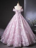 Off Shoulder Tulle Lace Pink Long Prom Dress, Pink Long Formal Dress HZ1024