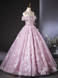 Off Shoulder Tulle Lace Pink Long Prom Dress, Pink Long Formal Dress HZ1024