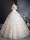 Off Shoulder Tulle Lace Champagne Long Prom Dress, Champagne Formal Dress HZ1024