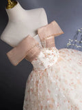 Off Shoulder Tulle Lace Champagne Long Prom Dress, Champagne Formal Dress HZ1024