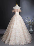 Off Shoulder Tulle Lace Champagne Long Prom Dress, Champagne Formal Dress HZ1024