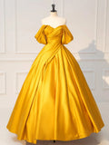 Off Shoulder Satin Yellow Long Prom Dress, Yellow Long Formal Dress HZ1024