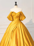 Off Shoulder Satin Yellow Long Prom Dress, Yellow Long Formal Dress HZ1024