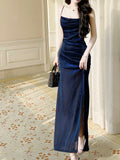 silk slim suspender dress, blue party dress HZ1024