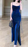 silk slim suspender dress, blue party dress HZ1024